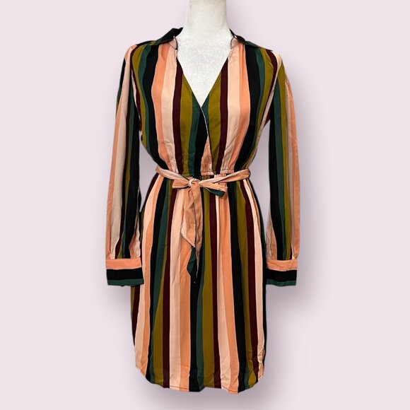 Stone Row Striped Belted Shirt Dress Size S Multicolor Long Sleeve Tie Waist - Picture 1 of 14